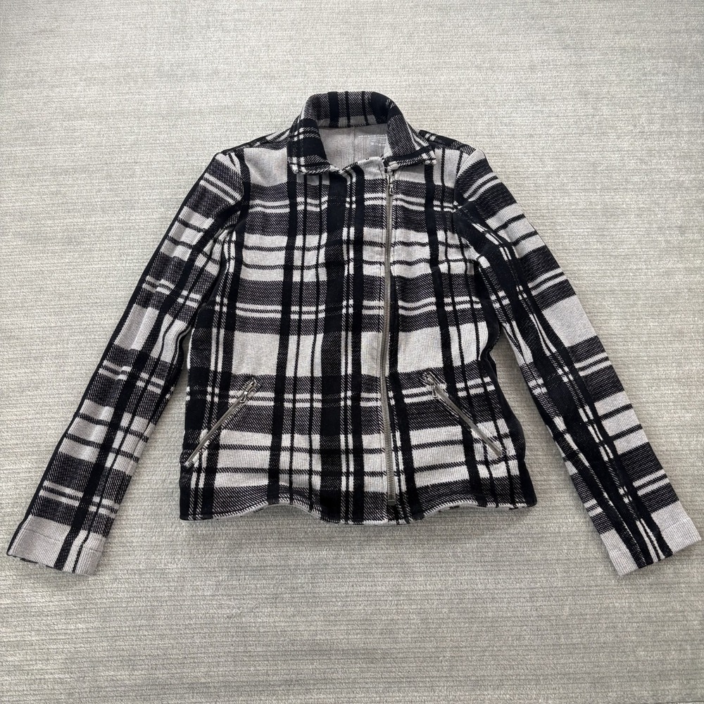 Majestic Filatures Full Zip Jacket Womens Medium Black Plaid Knit Moto Style